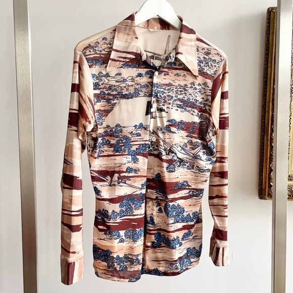1970s Airplane Novelty All-Over Print Nylon Button-Up Shirt - Picture 3 of 12